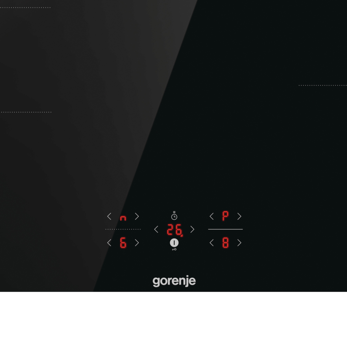 Czarna płyta indukcyjna z czerwonym cyfrowym wyświetlaczem z liczbami i symbolami. Marka "gorenje" na dole.