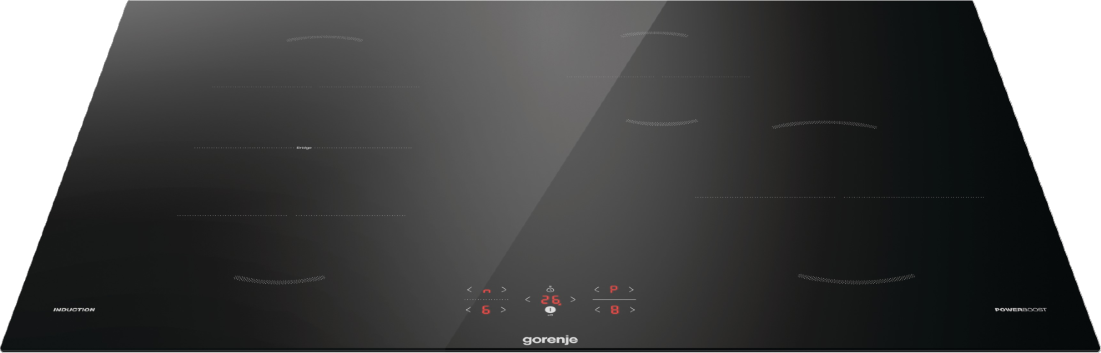 Czarna płyta indukcyjna z czterema palnikami. Wyświetla ustawienia i markę 'gorenje'. Posiada funkcje 'INDUCTION' i 'POWERBOOST'.