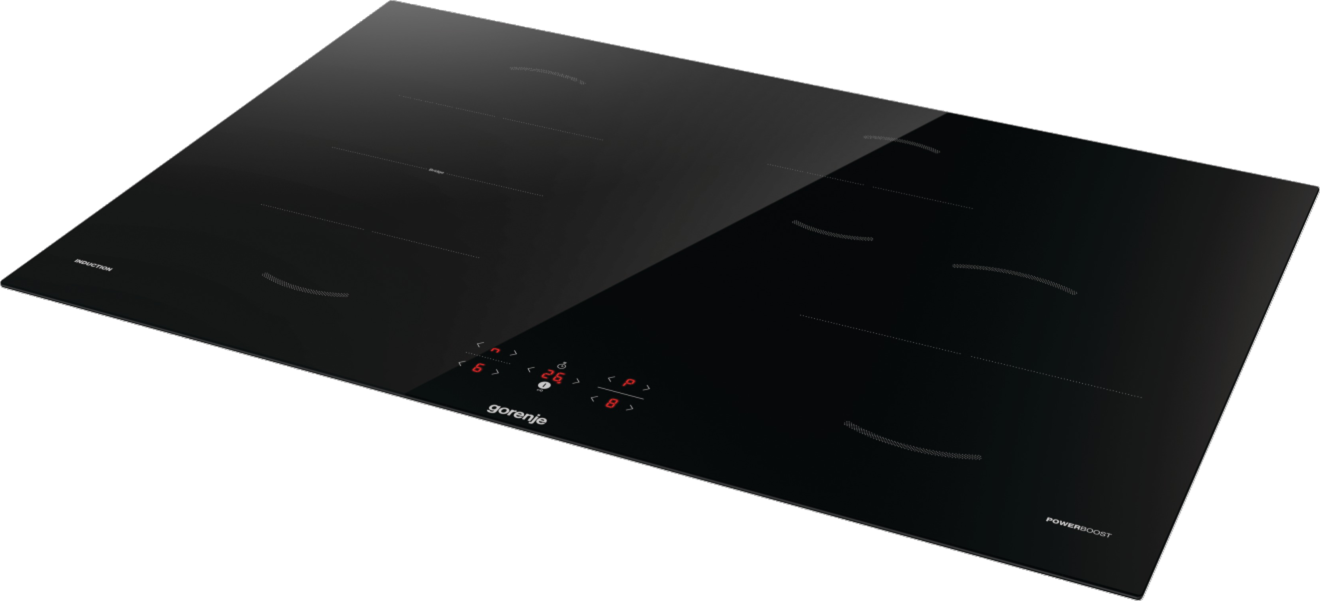 Czarna płyta indukcyjna. Ma wiele stref grzewczych, panel sterowania z wyświetlaczami cyfrowymi i markę "gorenje".