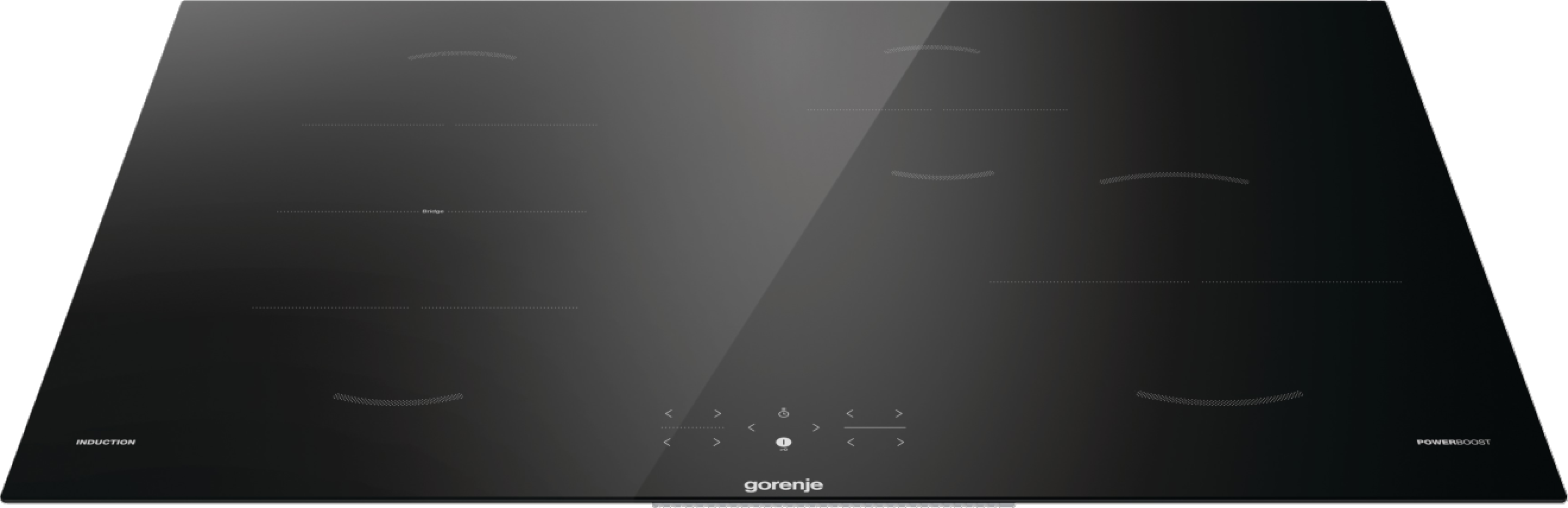 Czarna płyta indukcyjna z elementami dotykowymi i marką Gorenje. Widoczne są cztery palniki.