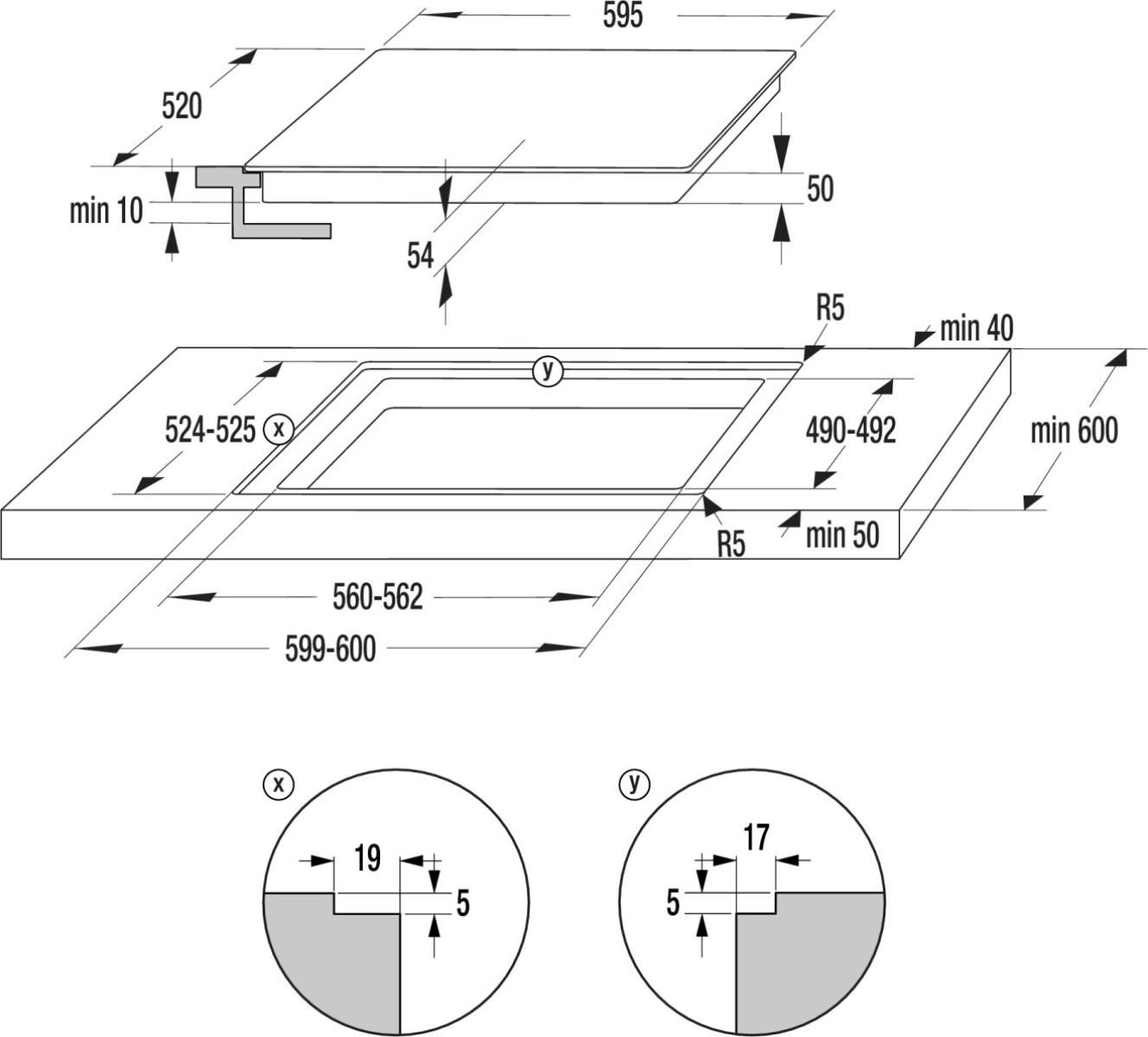 Schemat płyty grzejnej z wymiarami. Pokazuje wymiary w milimetrach, w tym długość, szerokość i głębokość, ze szczegółami wycięć.