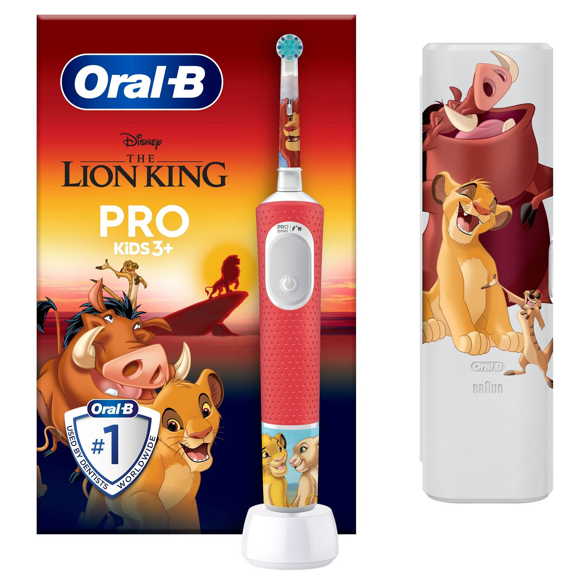 Szczoteczka do zębów Oral-B Lion King, opakowanie i stacja ładująca. Widoczne postacie Simby, Timona i Pumby.