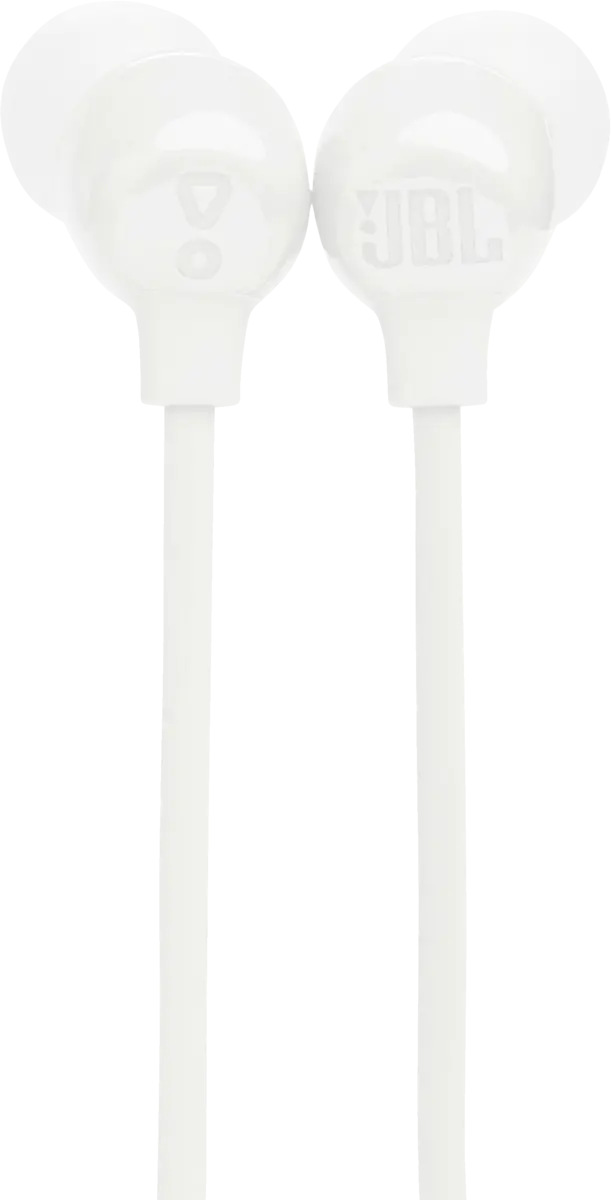 Białe słuchawki JBL. Każda słuchawka ma zaokrąglony kształt z logo. Przewody łączące są białe.