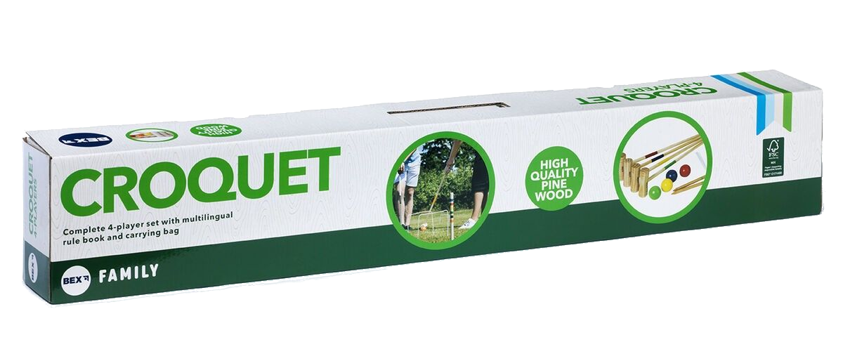 Pudełko zestawu do krokieta. Pudełko wyświetla słowo "CROQUET" i zdjęcia gry. Zawiera młotki, piłki i obręcze.