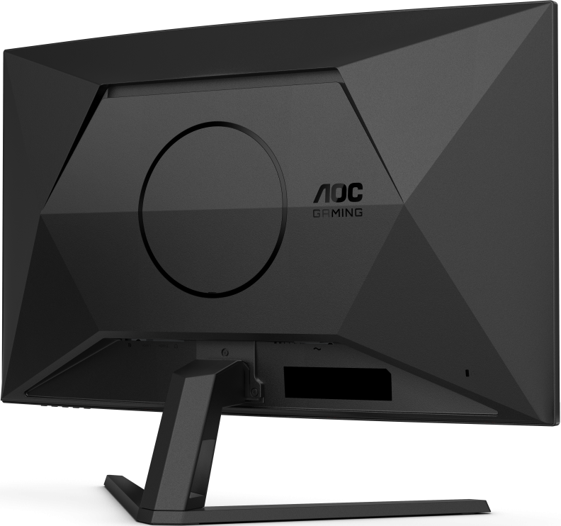 Arrière d'un moniteur de jeu AOC noir. Le moniteur a un design circulaire, avec le logo AOC Gaming et un support.