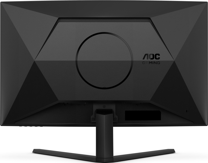 Dos d'un moniteur de jeu AOC noir. Comporte un design géométrique, un détail circulaire, le logo AOC Gaming et un pied.