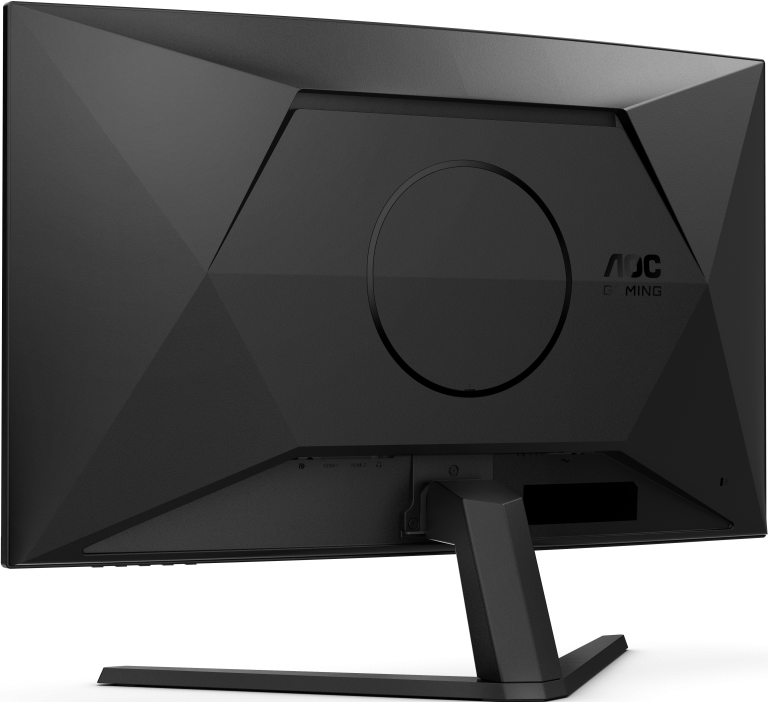 Arrière d'un écran de jeu AOC noir. Comporte un design géométrique, un logo circulaire et plusieurs ports en bas.
