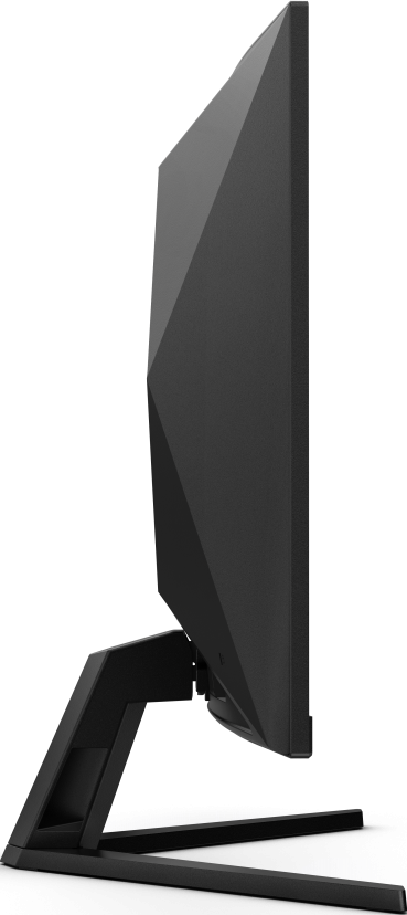 Vue latérale d'un écran d'ordinateur noir. L'écran a un design géométrique et repose sur un support noir.
