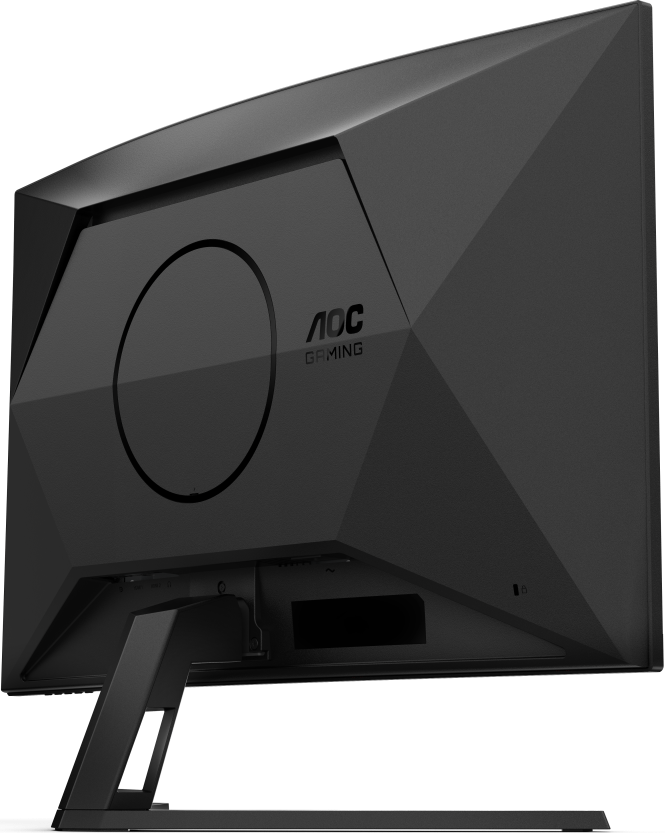 Vue arrière d'un écran de jeu AOC noir. Il a un design géométrique, un support et le logo AOC Gaming. L'écran est incliné.