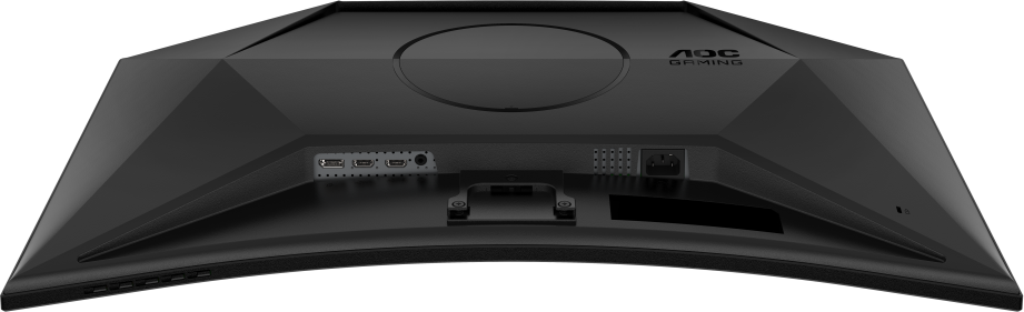 Arrière d'un moniteur de jeu AOC noir. Comprend des ports, dont HDMI, et une entrée d'alimentation. Le logo AOC Gaming est visible.