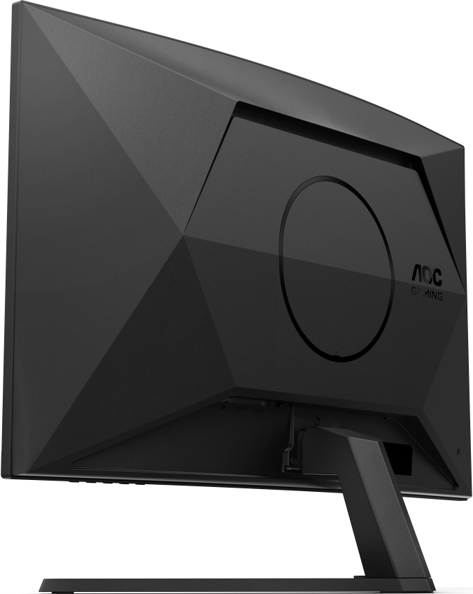 Moniteur de jeu AOC noir. L'arrière a un design géométrique avec un élément circulaire et le logo de la marque. Le support est visible.