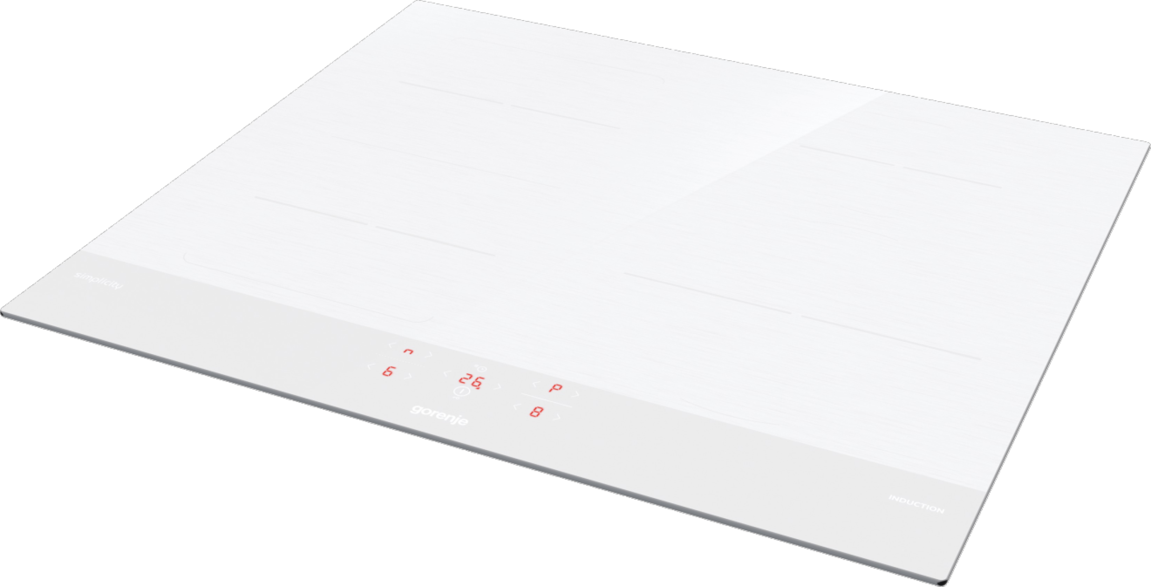 Biała płyta indukcyjna z wyświetlaczem cyfrowym. Pokazuje cyfry i markę Gorenje.