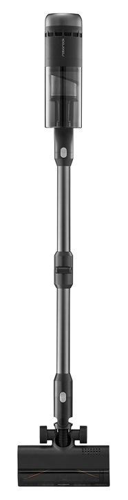 Wyświetlany jest pionowy, czarno-szary odkurzacz bezprzewodowy. Ma długi uchwyt, głowicę czyszczącą i pojemnik na kurz. Tło jest białe.