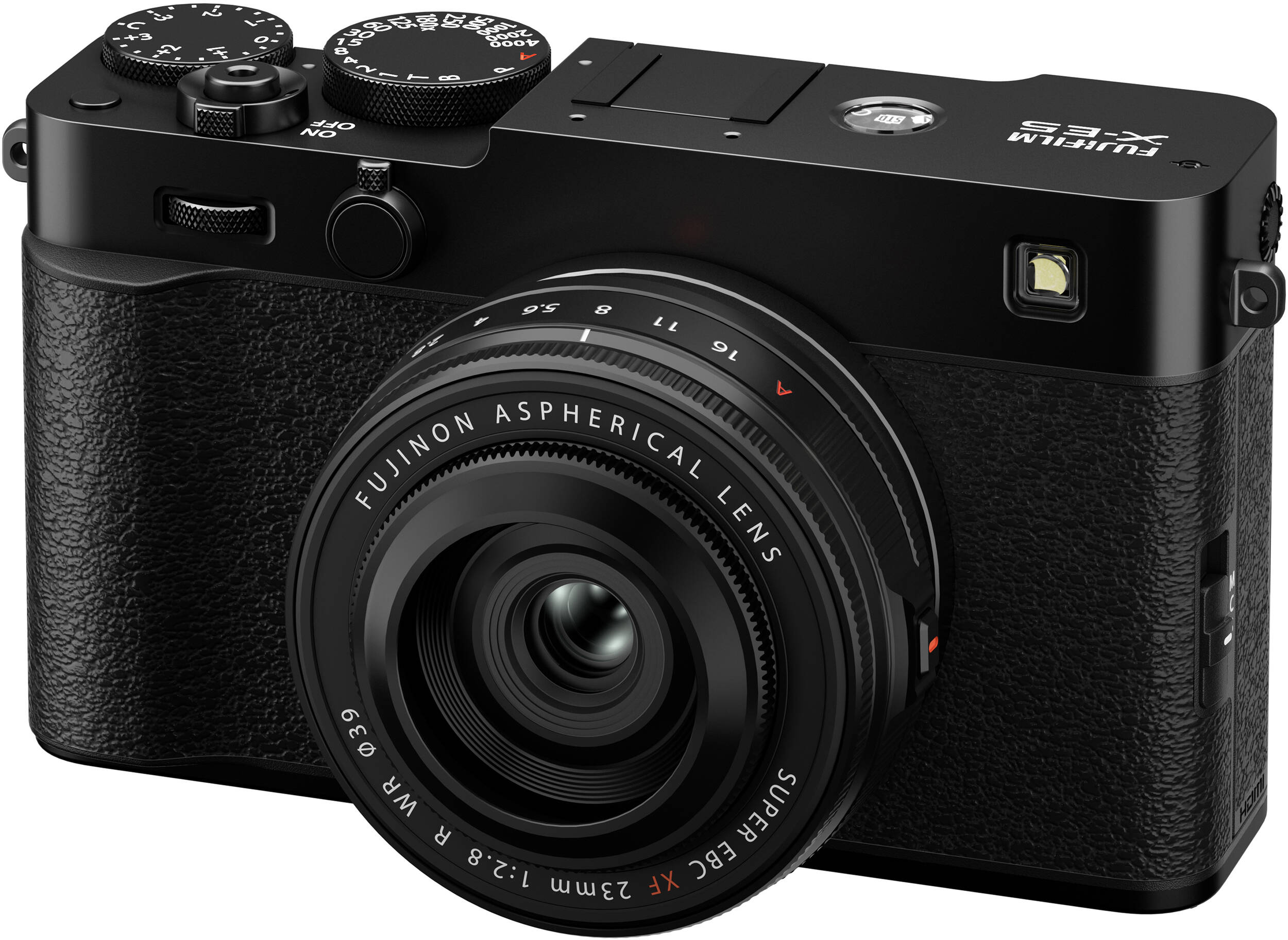 Schwarze Fujifilm X-E3 Kamera mit Objektiv. Auf dem Objektiv steht Fujinon Aspherical. Die Kamera hat Räder und Knöpfe.