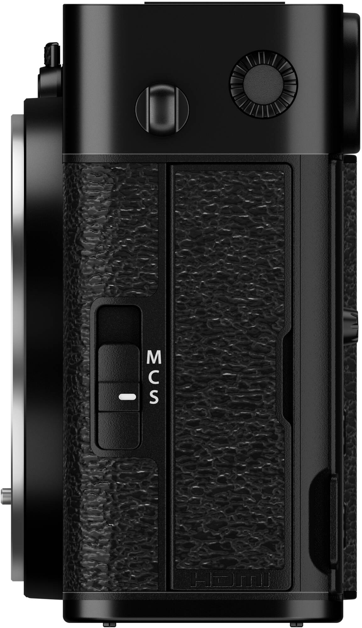 Nahaufnahme eines schwarzen Kameragehäuses. Sichtbar sind Knöpfe, Wählscheiben, ein Modusschalter mit 'M', 'C', 'S' und 'HDMI'.