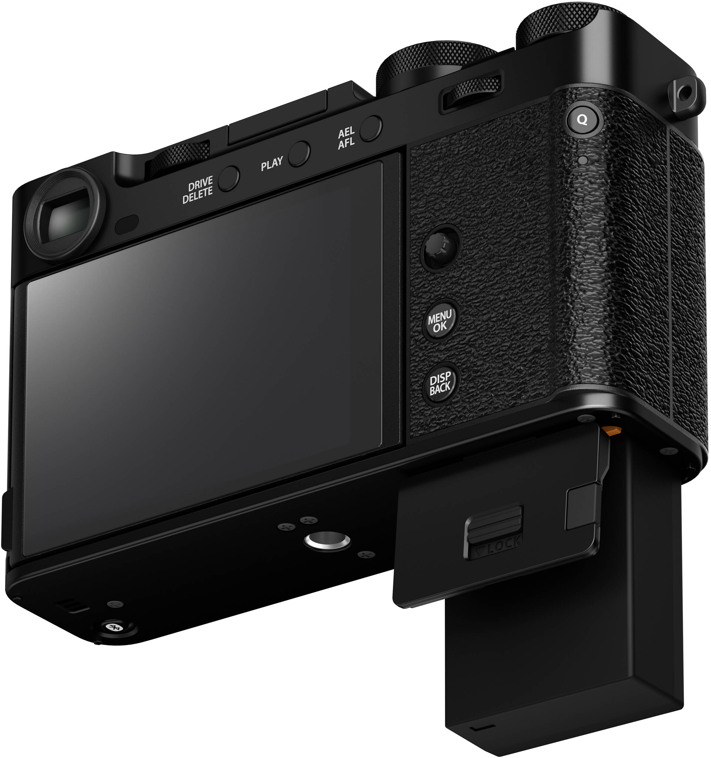 Schwarze Digitalkamera. Knöpfe auf der Rückseite und Oberseite. Display auf der Rückseite. Akkuschacht unten.