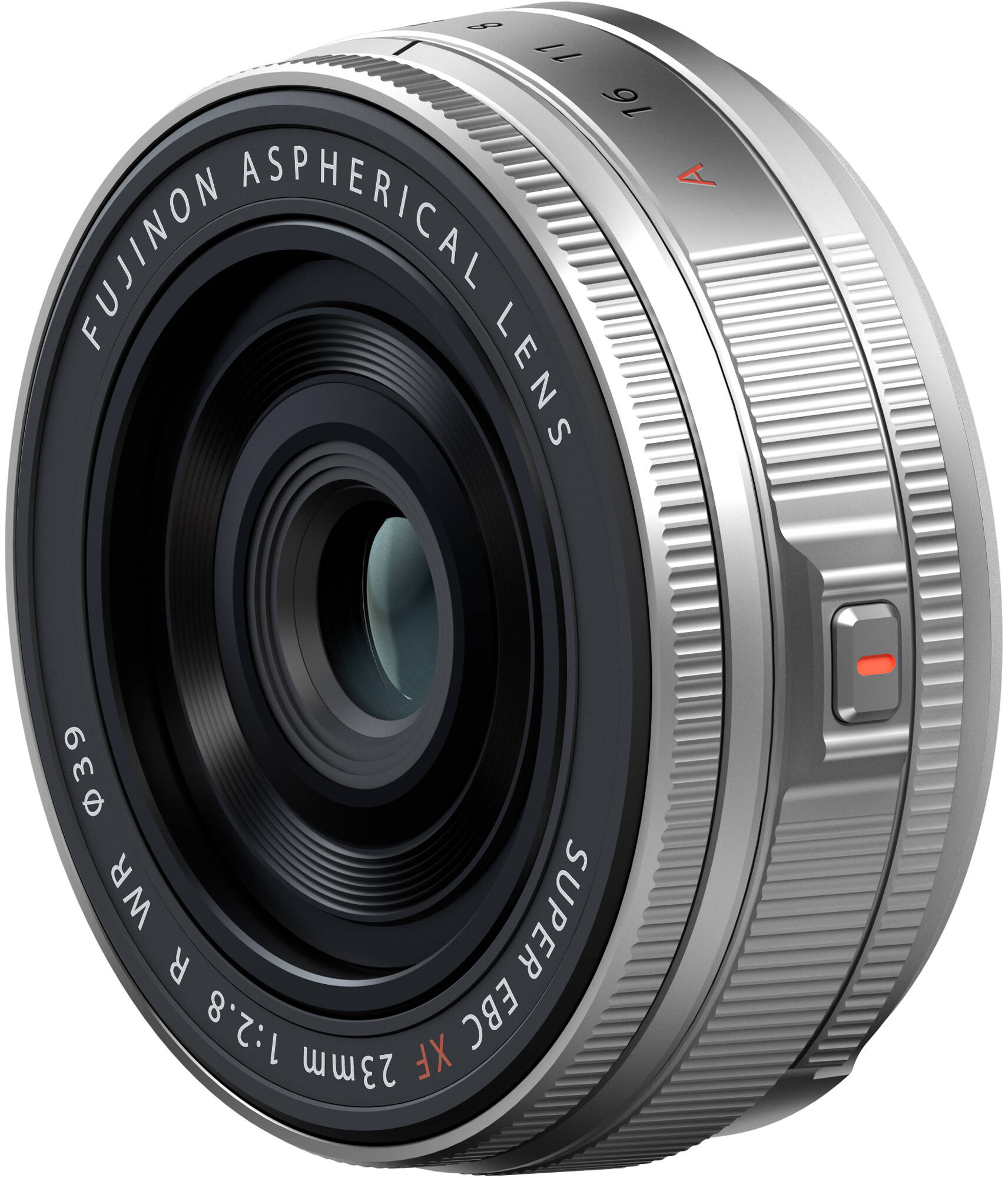 Ein silbernes Fujifilm-Objektiv, Modell 23mm 1:2.8 R WR. Es hat schwarze Linsenelemente und einen roten Knopf. Fokusring mit Zahlen.