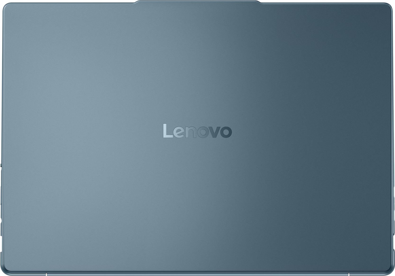 Vue de dessus d'un ordinateur portable Lenovo bleu. Le logo Lenovo est centré sur le couvercle.