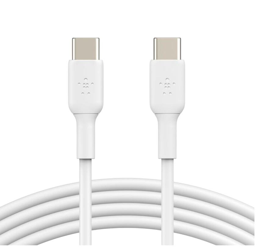 Siyah arka planda iki beyaz USB-C kablosu. Her kabloda gümüş renkli bir konektör ve Belkin logosu bulunur.