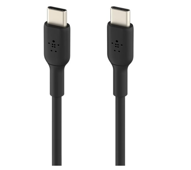 İki siyah USB-C kablosu görüntüleniyor. Her kablonun üst kısmında gümüş bir konektör ve aşağı doğru uzanan siyah bir kablosu var.