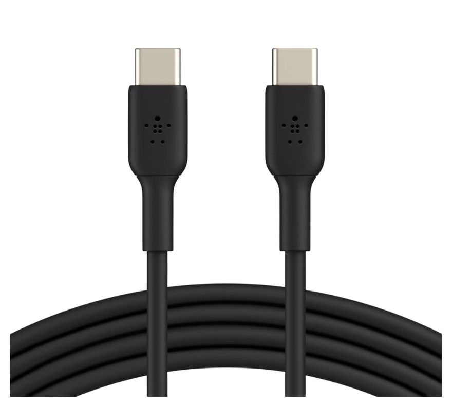 Siyah arka plan üzerinde iki siyah USB-C kablosu. Konnektörler gümüştür. Belkin logosu konnektörlerdedir.