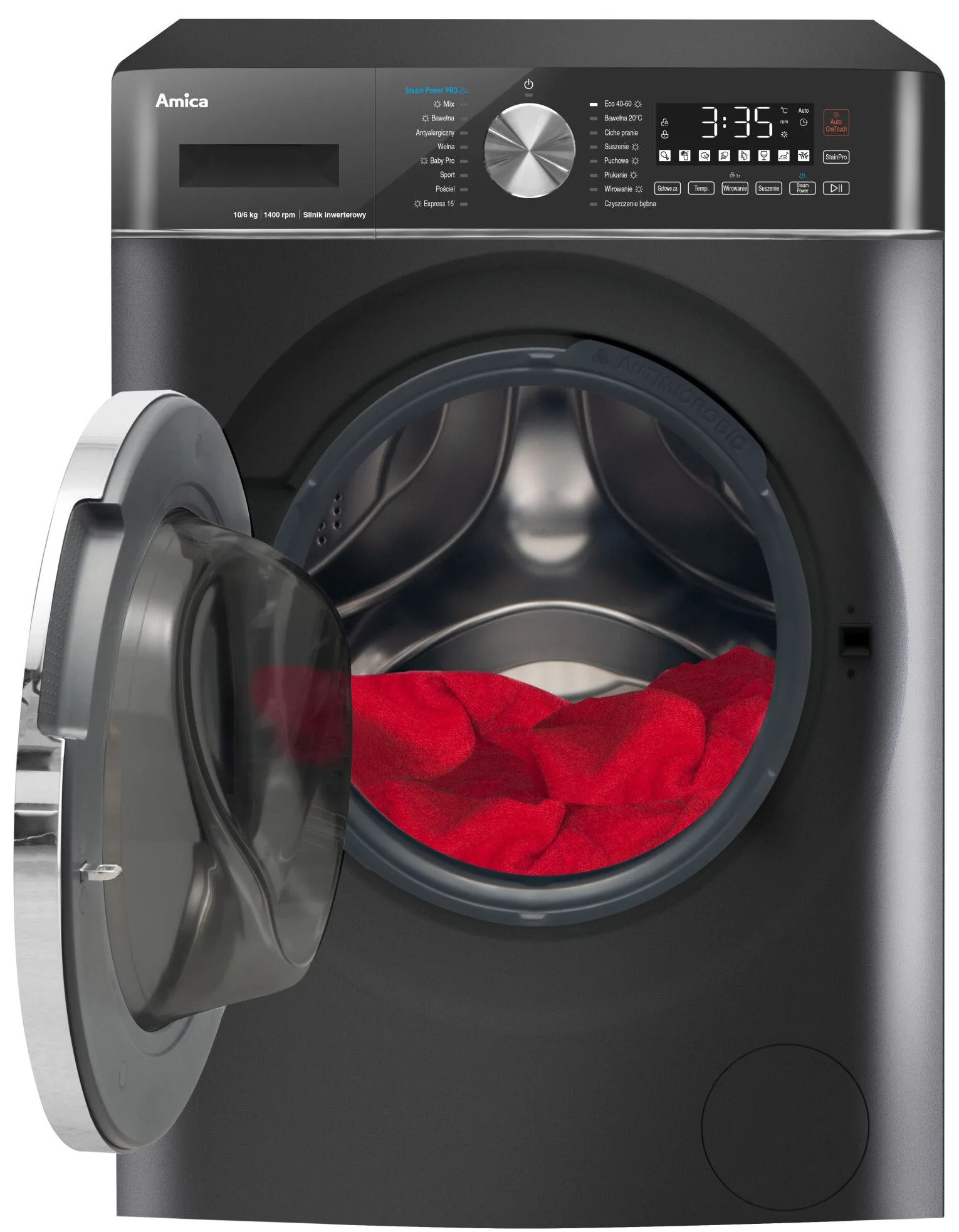 Pralka z otwartymi drzwiami. Czerwone ubrania w bębnie. Maszyna jest ciemnoszara.