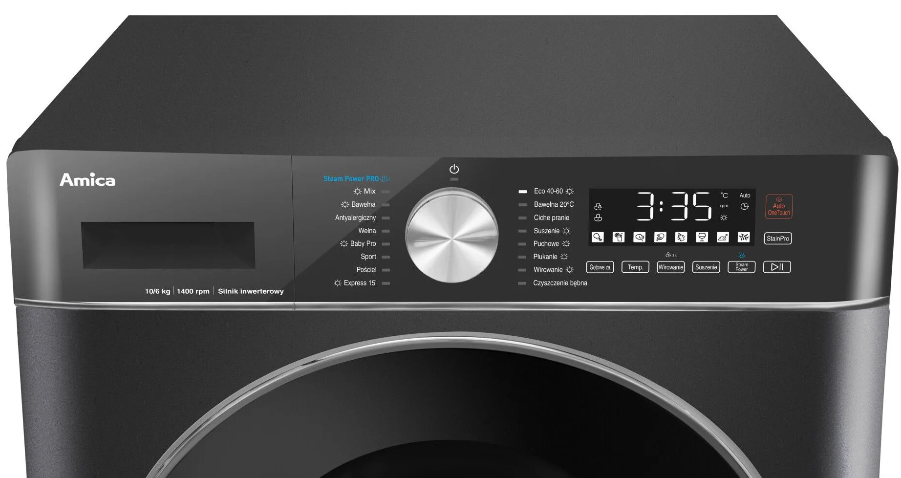 Ciemnoszara pralka Amica z panelem sterowania, wyświetlaczem 3:35 i różnymi opcjami programów.