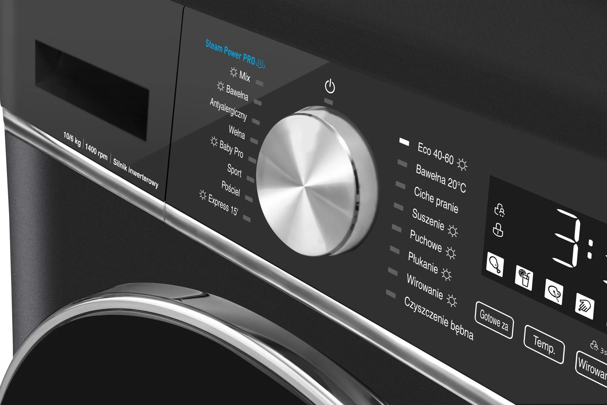 Zbliżenie panelu sterowania pralki. Posiada pokrętło, różne opcje ustawień i wyświetlacz cyfrowy.