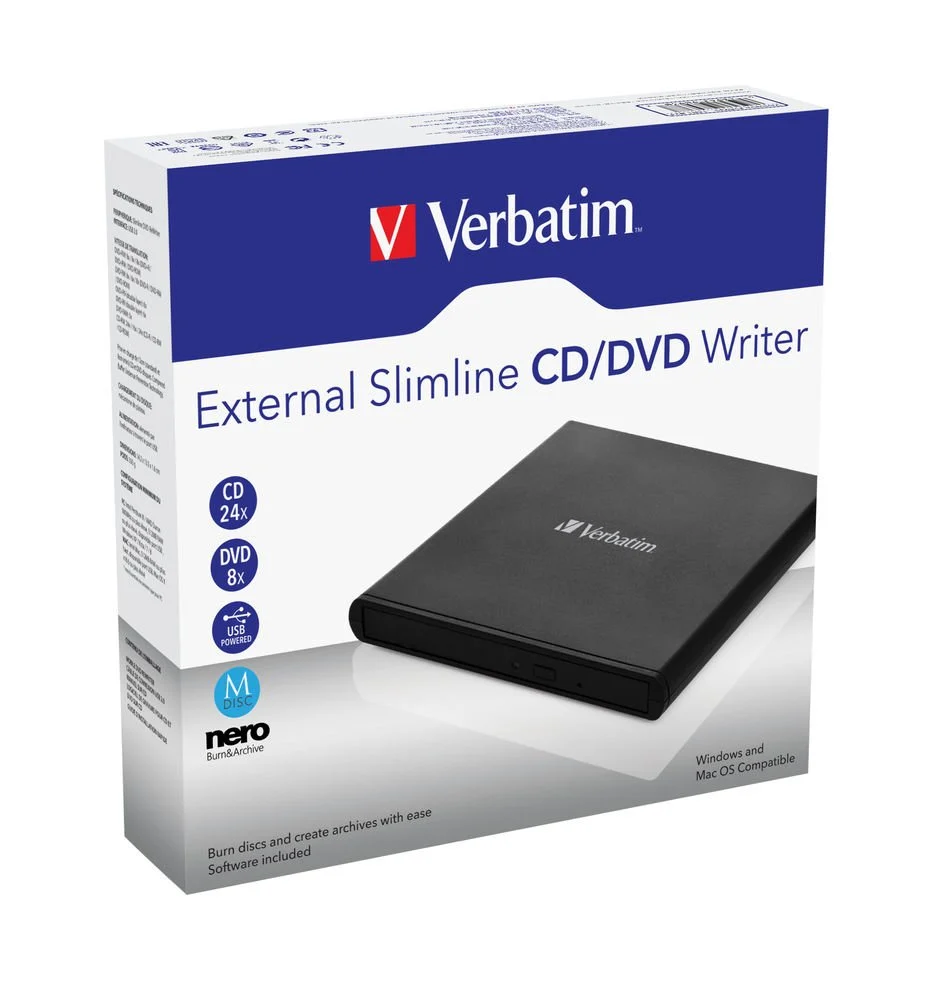 Bir Verbatim harici CD/DVD yazıcı kutusu. Kutu beyaz ve mavidir. Sağda siyah bir cihaz var. Ürün ilan edilmektedir.