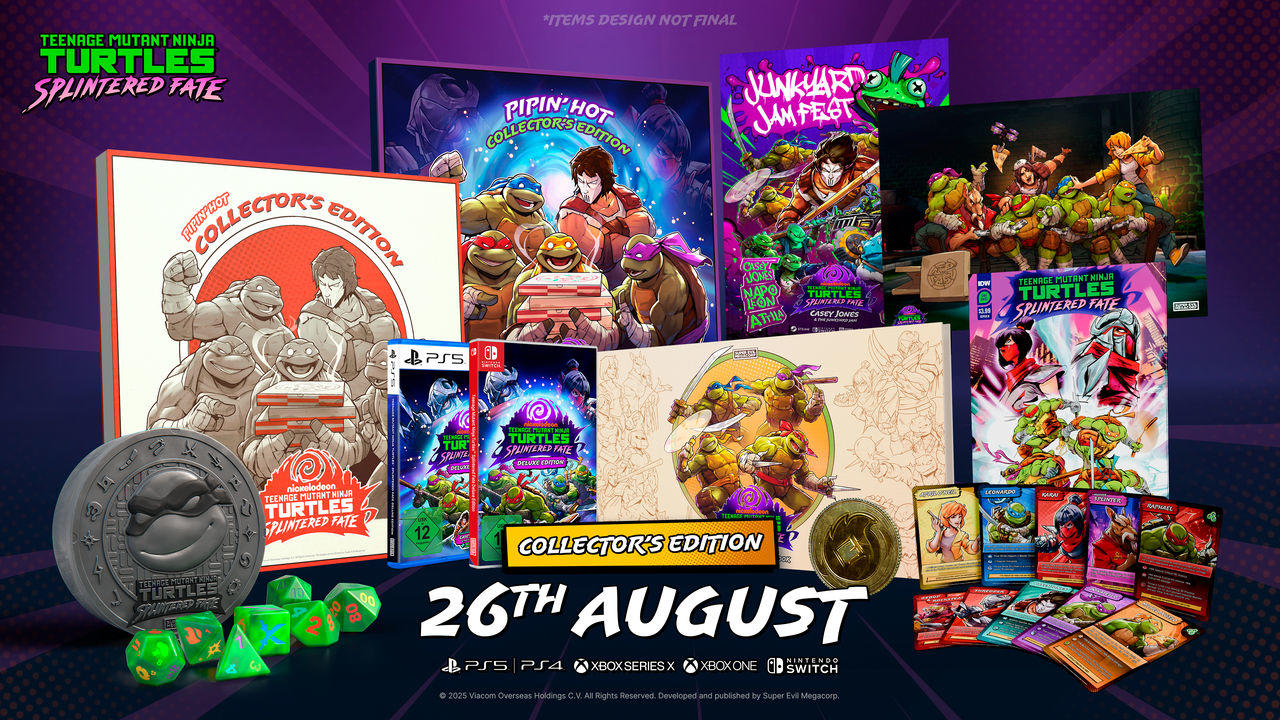 Werbebild für Teenage Mutant Ninja Turtles Splintered Fate. Boxen, Karten und Würfel werden gezeigt, mit Schildkröten und dem Datum 26. August.