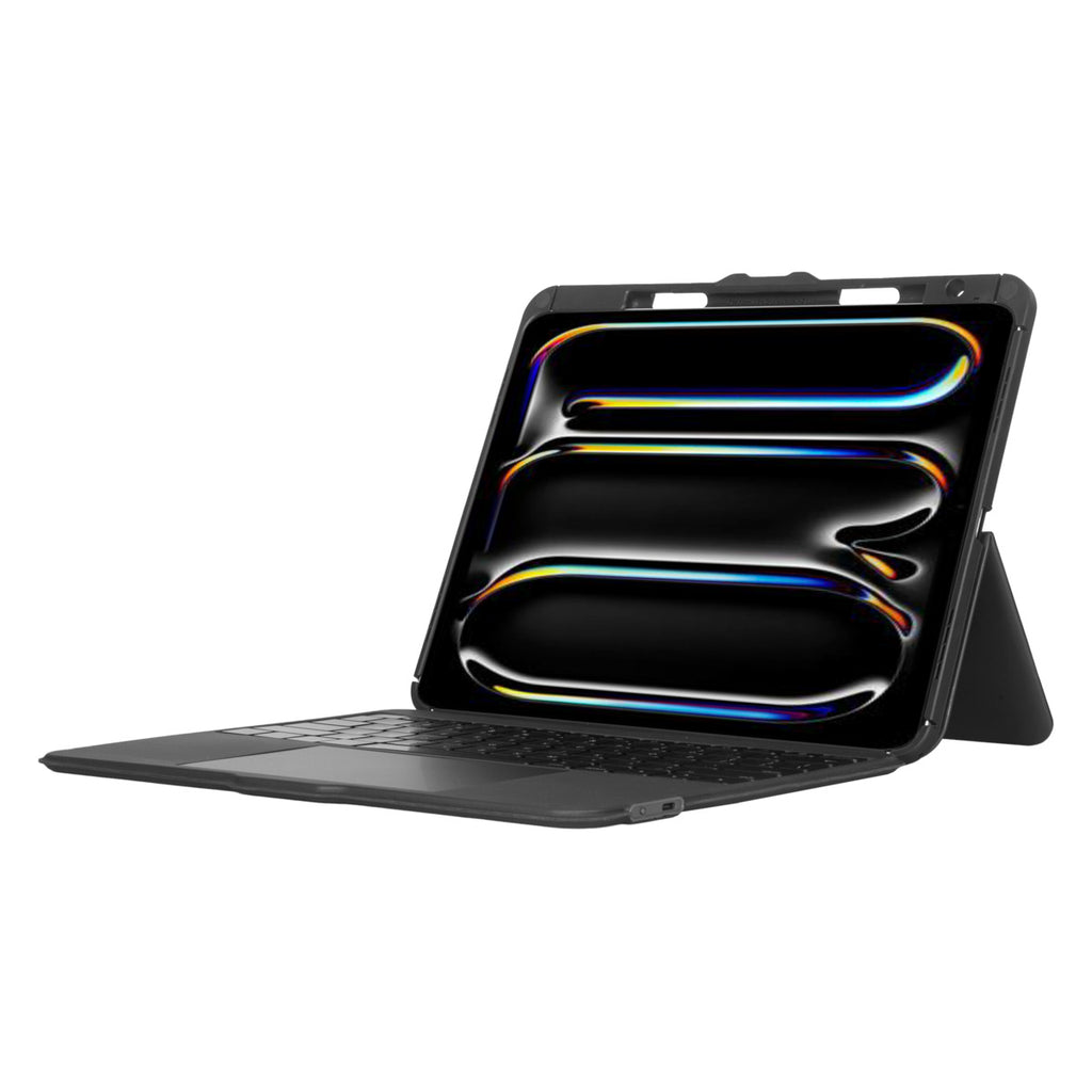 Klavye kılıflı siyah bir tablet açık. Ekran renkli yansımalar gösteriyor. Kılıf tableti destekliyor.