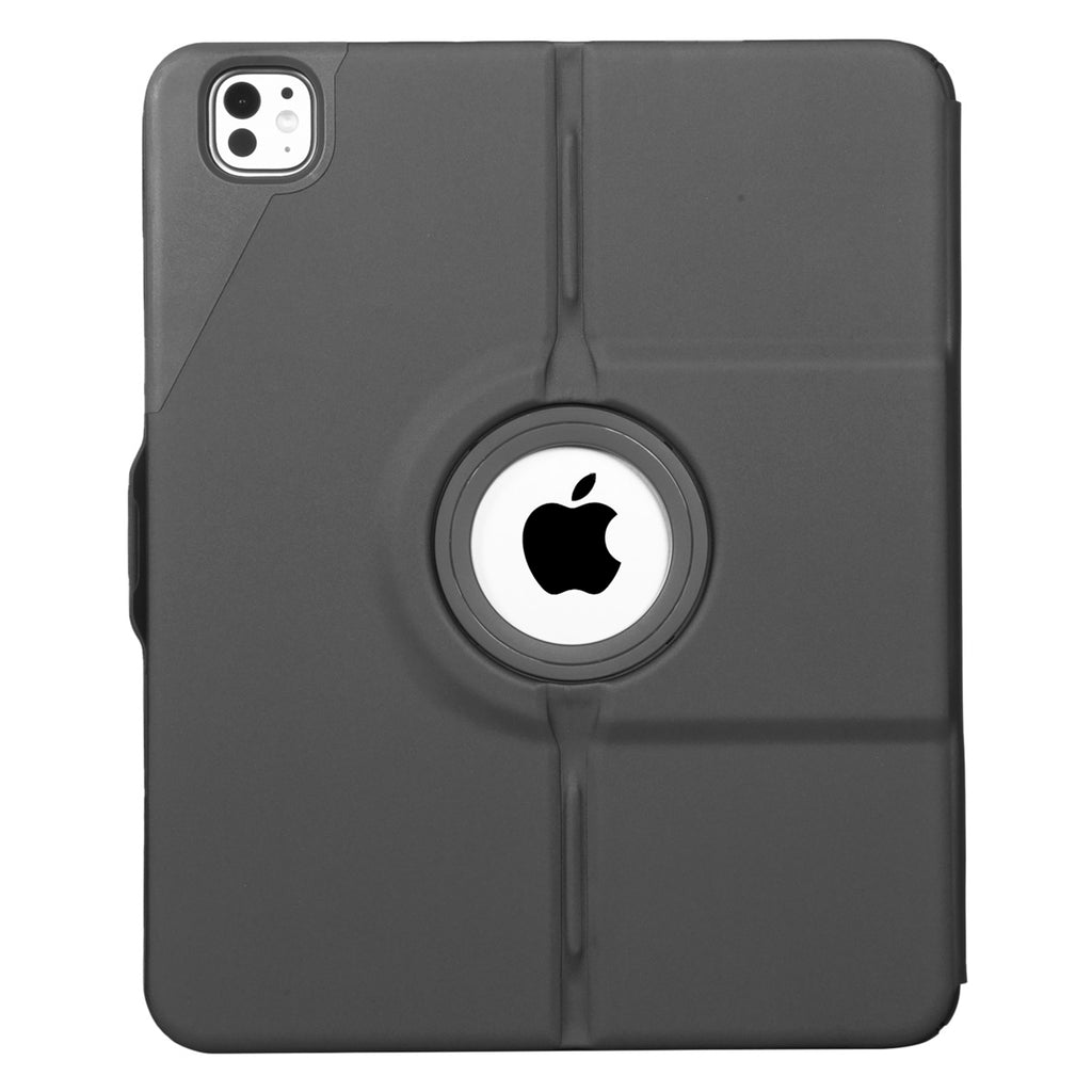 Ön yüzünde Apple logosu bulunan gri bir iPad kılıfı. Kılıf katlanmış ve kamera açıklığına sahip.