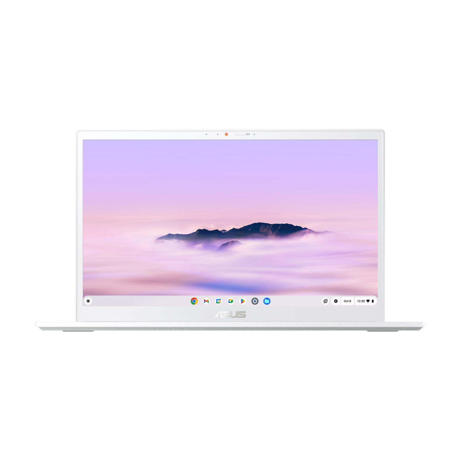 Un laptop ASUS bianco è aperto, mostrando una scena di montagna sullo schermo. Lo sfondo è un cielo viola. La parte inferiore del laptop dice ASUS.