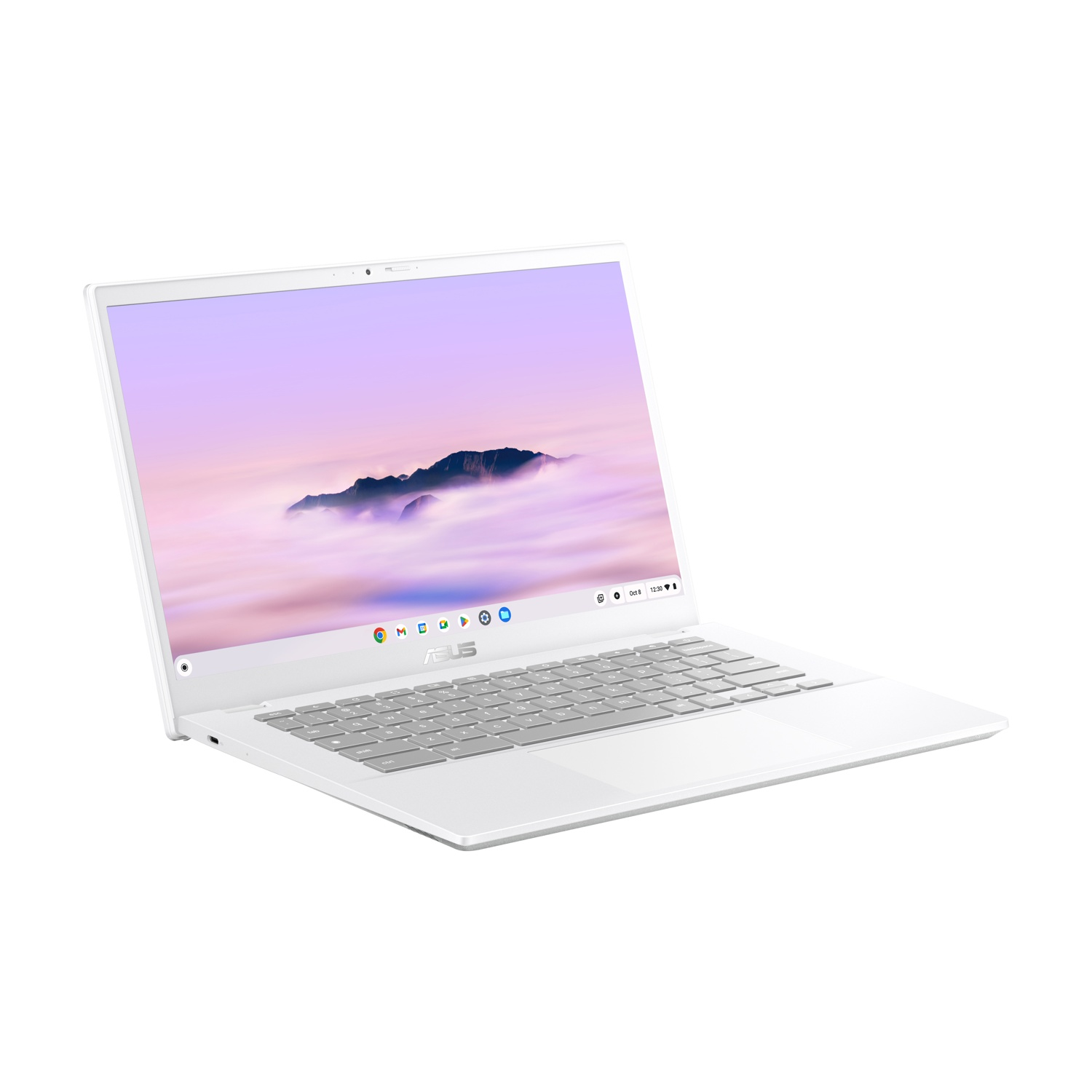 Un laptop ASUS bianco è aperto, mostrando una scena di montagna con nuvole. La tastiera è visibile. Lo sfondo è bianco.
