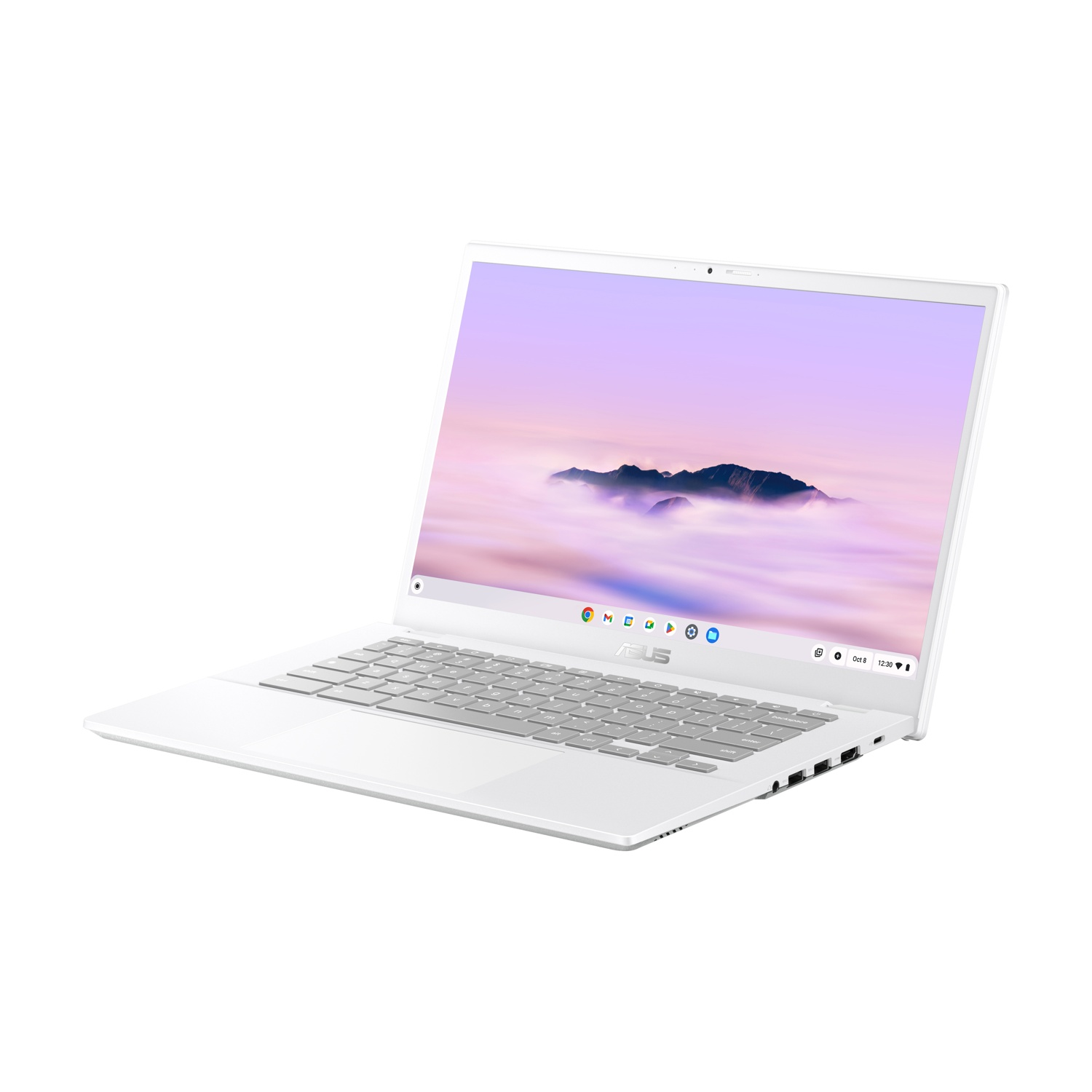Un laptop bianco è aperto, mostrando uno schermo con una scena di montagna. La tastiera è visibile e il logo ASUS è ben evidente.