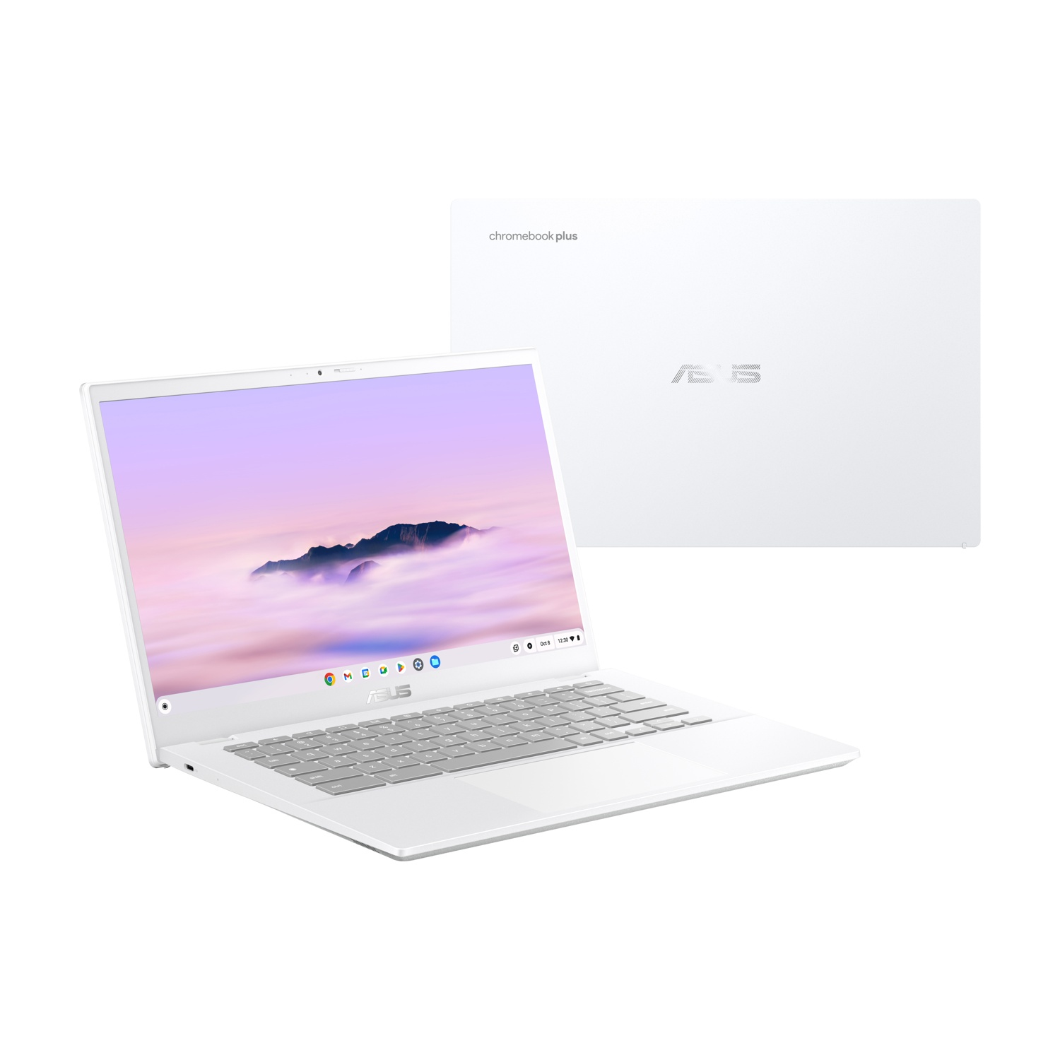 Laptop ASUS Chromebook Plus bianco. Lo schermo mostra una scena di montagna. Un altro laptop chiuso è visibile sullo sfondo.