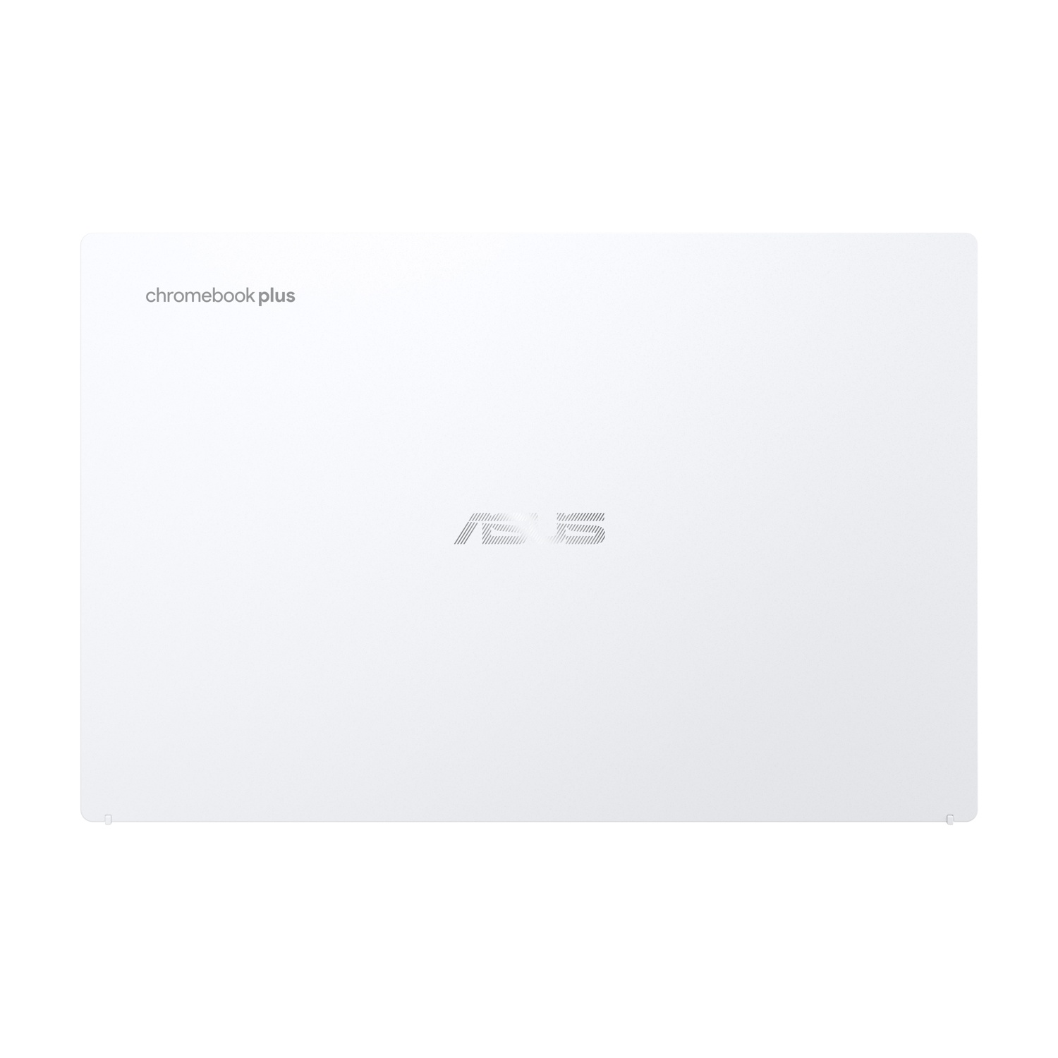 Laptop bianco chiuso. Vista dall'alto. 'chromebook plus' stampato in alto a sinistra. Logo ASUS al centro.