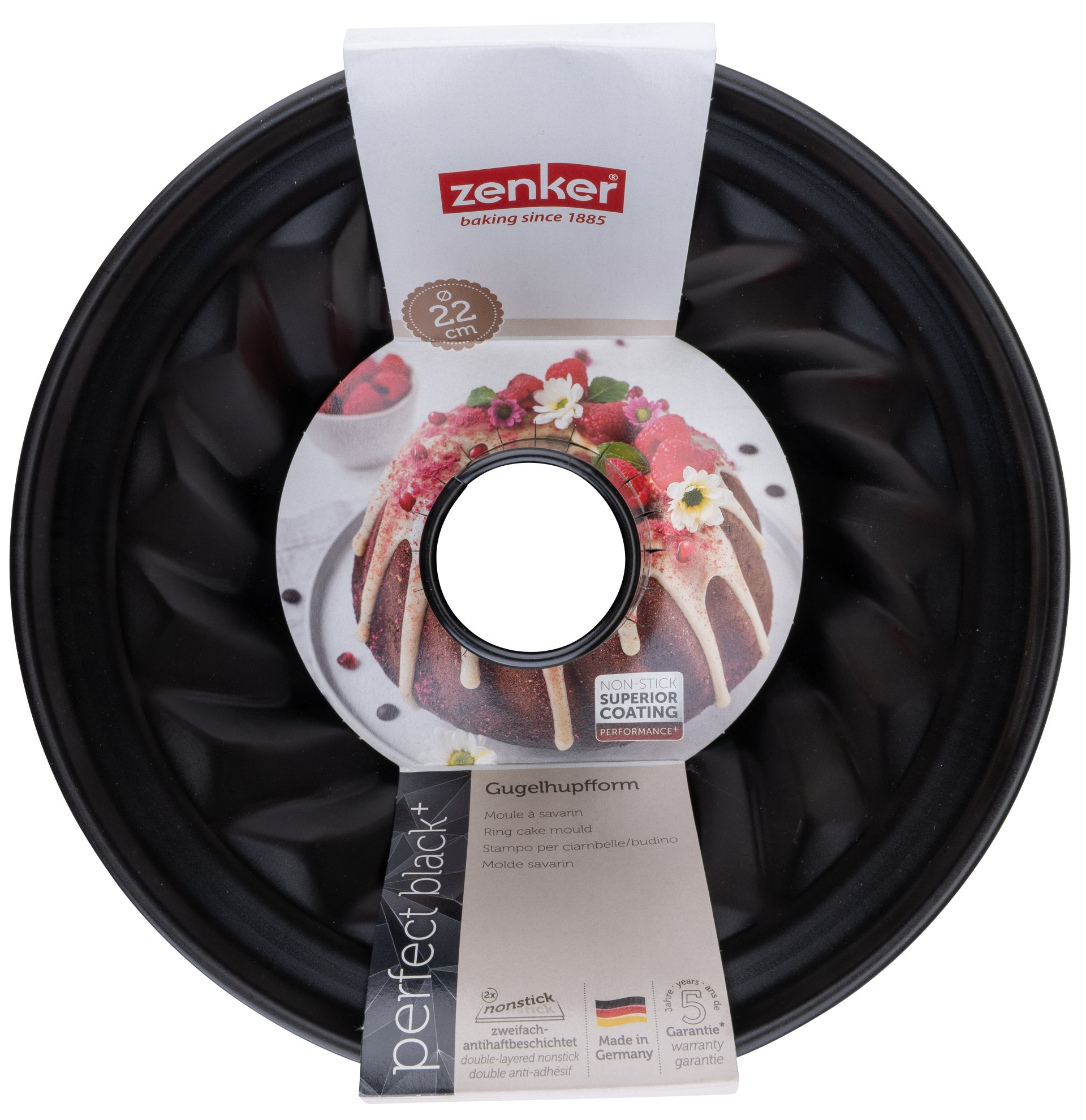 Schwarze Gugelhupf-Kuchenform mit Etikett, das einen dekorierten Kuchen zeigt. Das Etikett trägt die Aufschrift 'zenker' und 'perfect black+'.