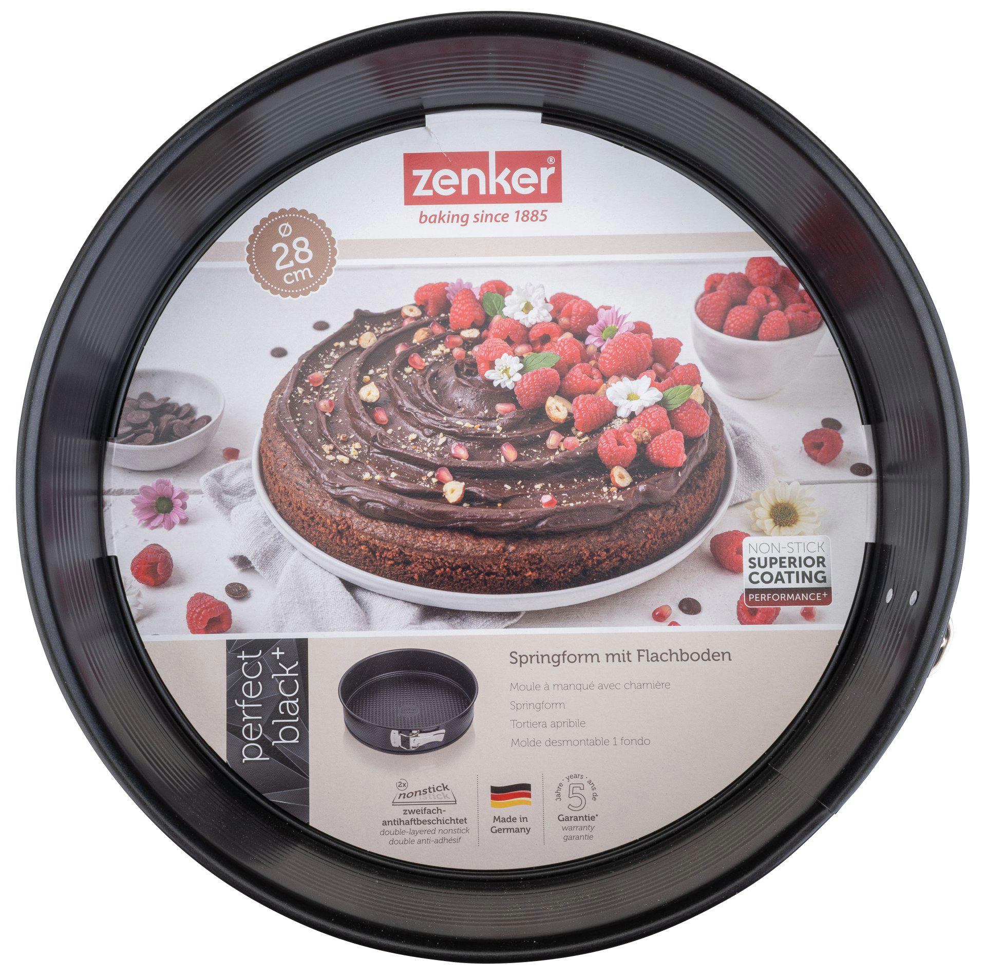 Schwarze Springform mit einem Kuchen, der mit Himbeeren verziert ist. Text enthält Markenname und Größe.