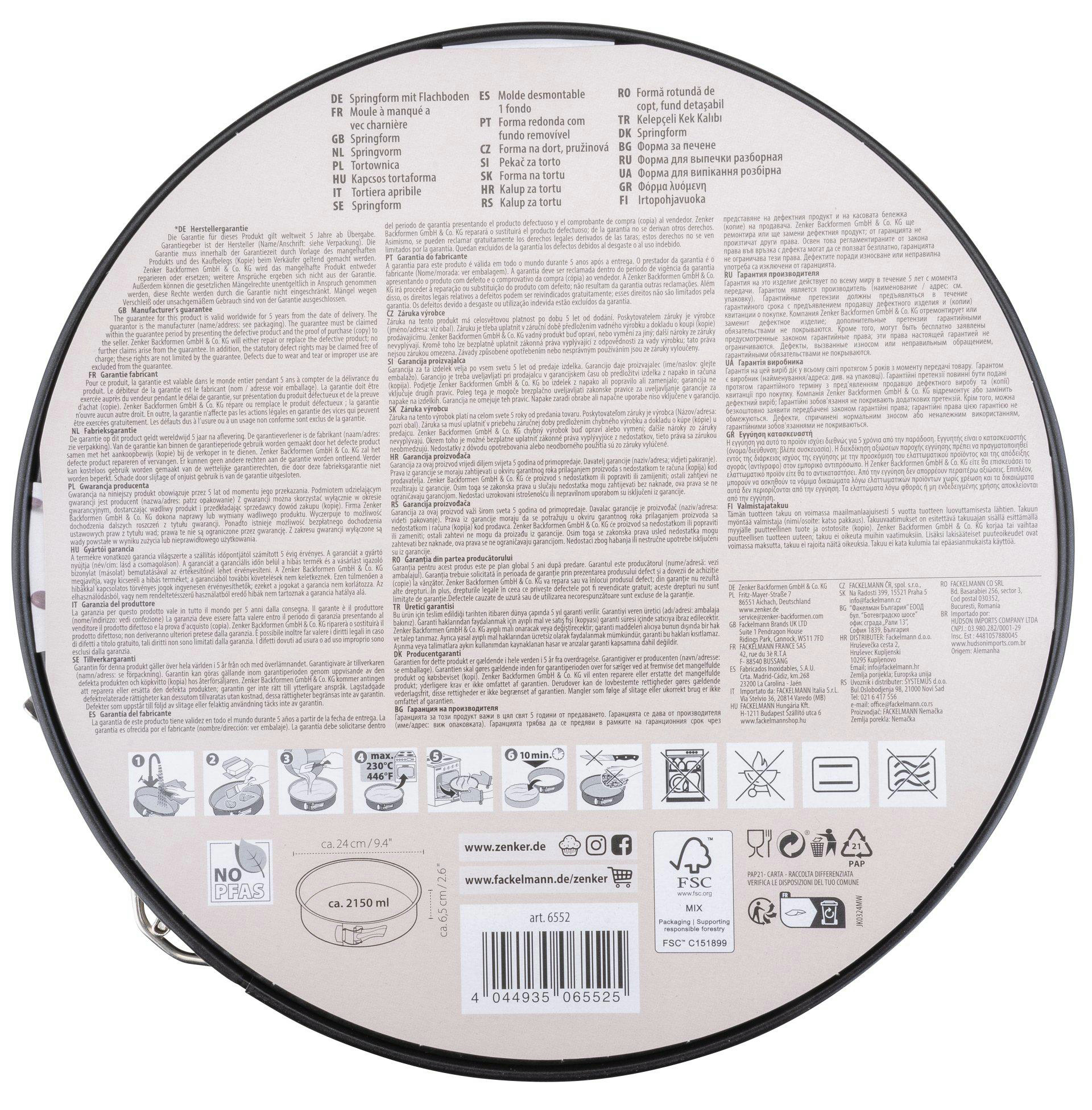 Produktverpackung mit Text in mehreren Sprachen und Symbolen. Springform-Pfanne im Vordergrund.
