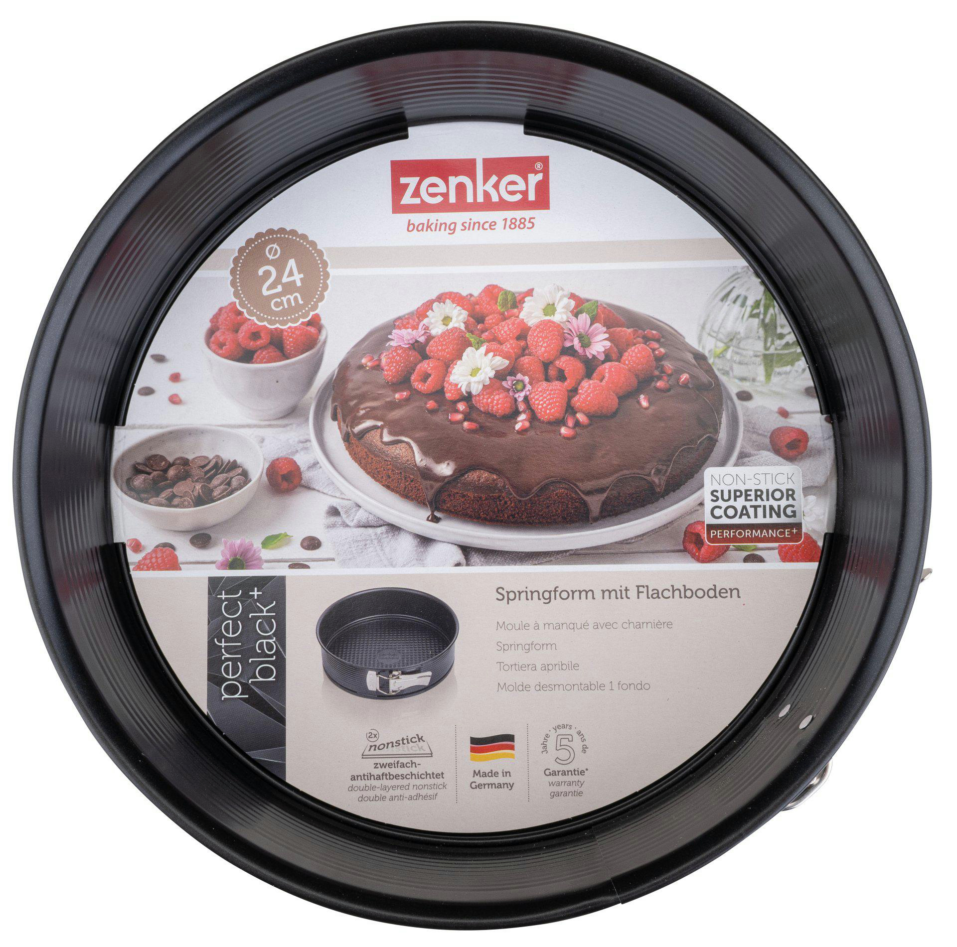 Schwarze Springform mit Kuchen mit Himbeeren, einer Schüssel mit Himbeeren und Produktdetails in der Mitte.