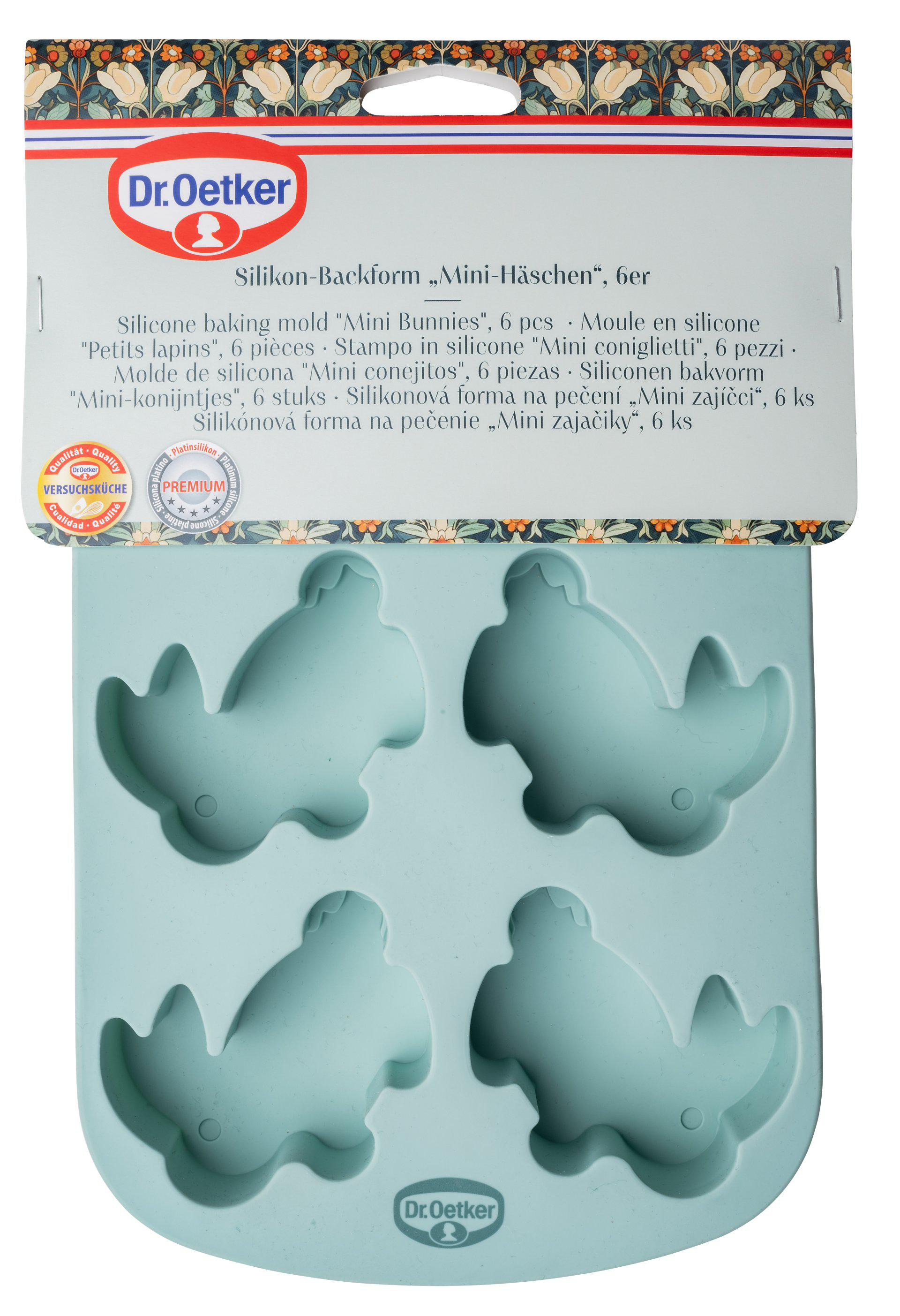 Eine Silikon-Backform mit hasenförmigen Hohlräumen, hellblaue Farbe, mit Dr. Oetker Logo.