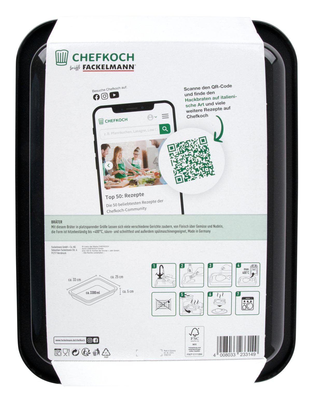 Schwarze Chefkoch Backformverpackung. Text und QR-Code sind sichtbar. Abmessungen und Kochanweisungen werden angezeigt.