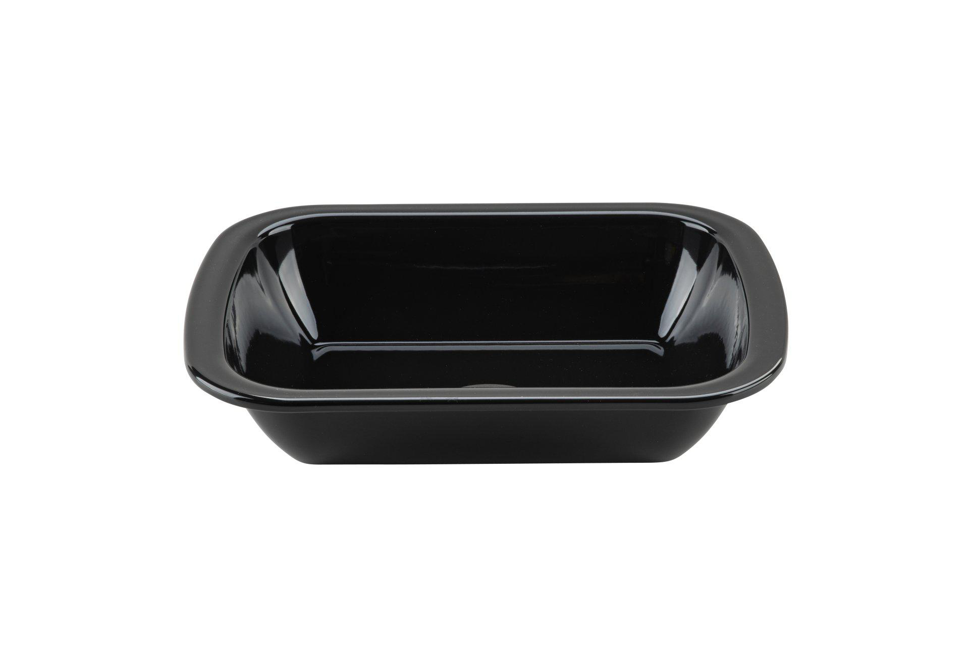 Eine quadratische, schwarze Schüssel mit abgerundeten Ecken befindet sich mittig auf weißem Grund. Die Schüssel ist leer und reflektierend.