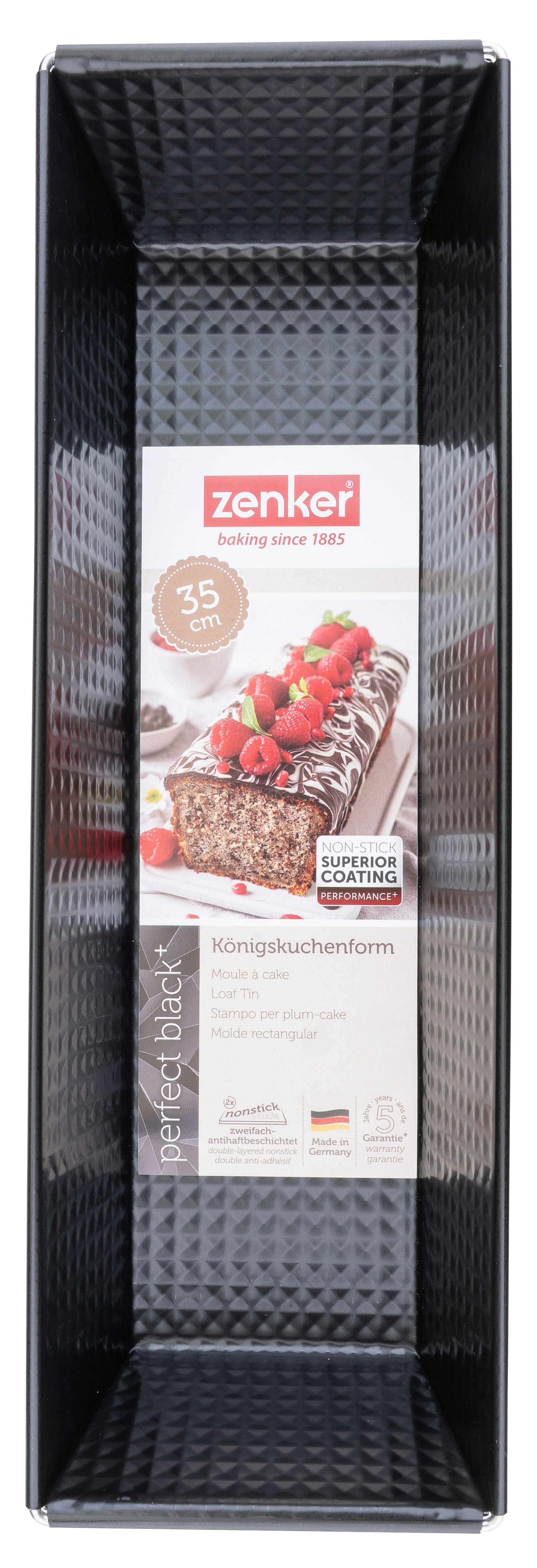 Eine schwarze, rechteckige Brotform. Auf einem Etikett ist ein Kuchen mit Himbeeren und der Text "zenker baking since 1885" zu sehen.