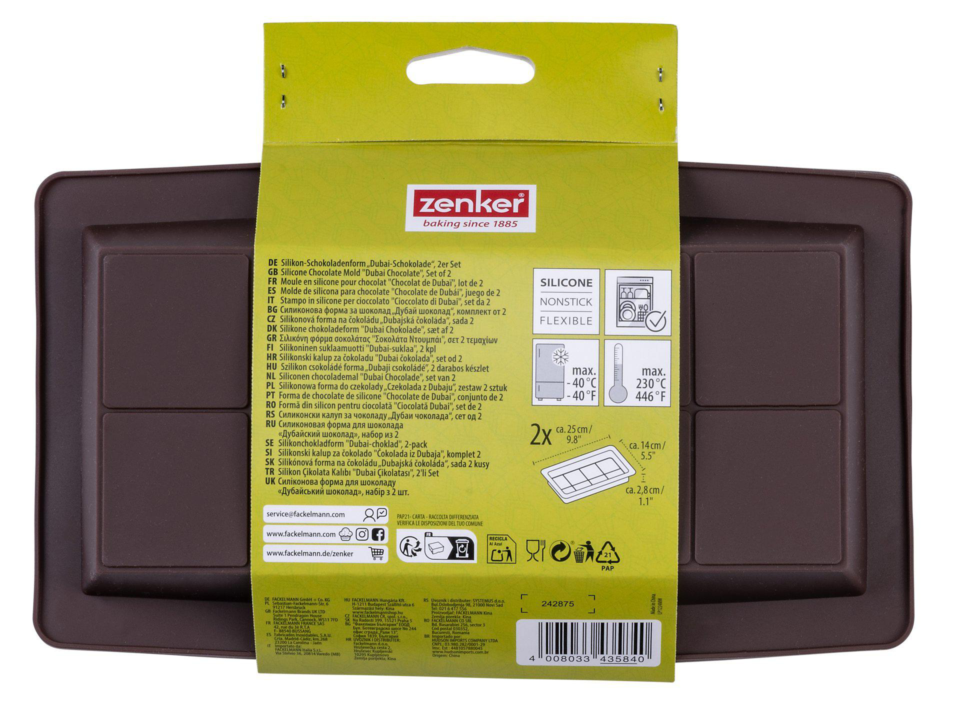 Braunes Silikon-Backform-Set mit mehrsprachigem Text, Verpackung und Produktdetails.