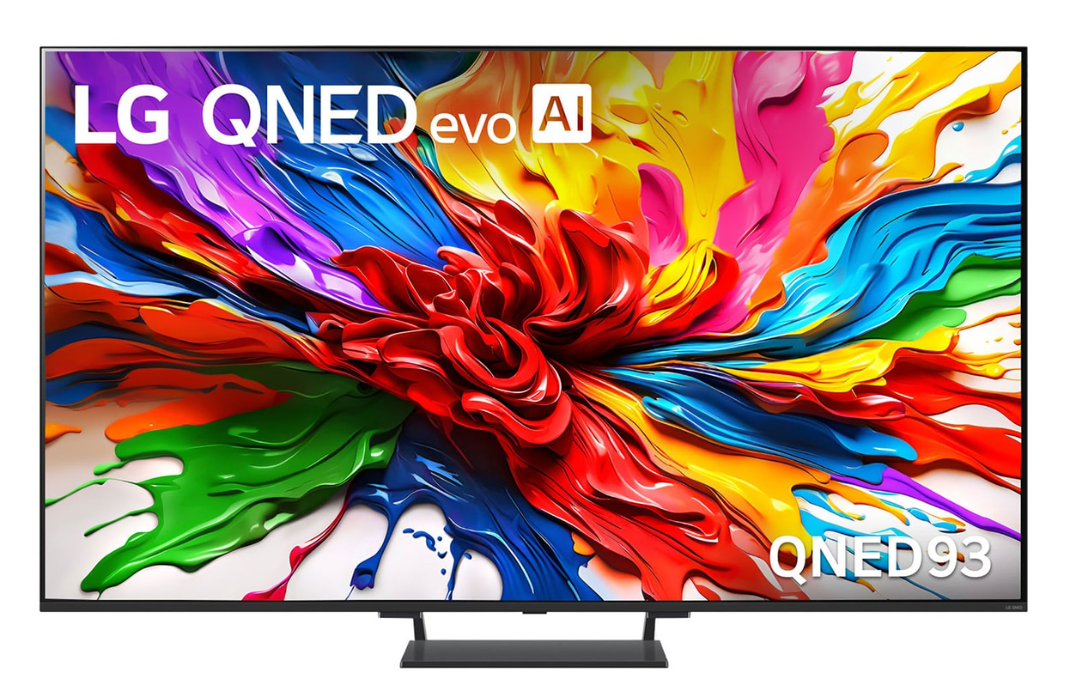 LG QNED evo AI TV, renkli soyut sanat sergiliyor. TV siyah, standlı. Metin 'QNED93'.