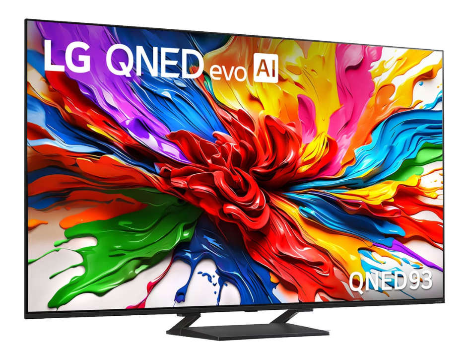 LG QNED evo AI TV'de renkli soyut sanat. TV siyah, standlı. Metin QNED93 yazıyor.