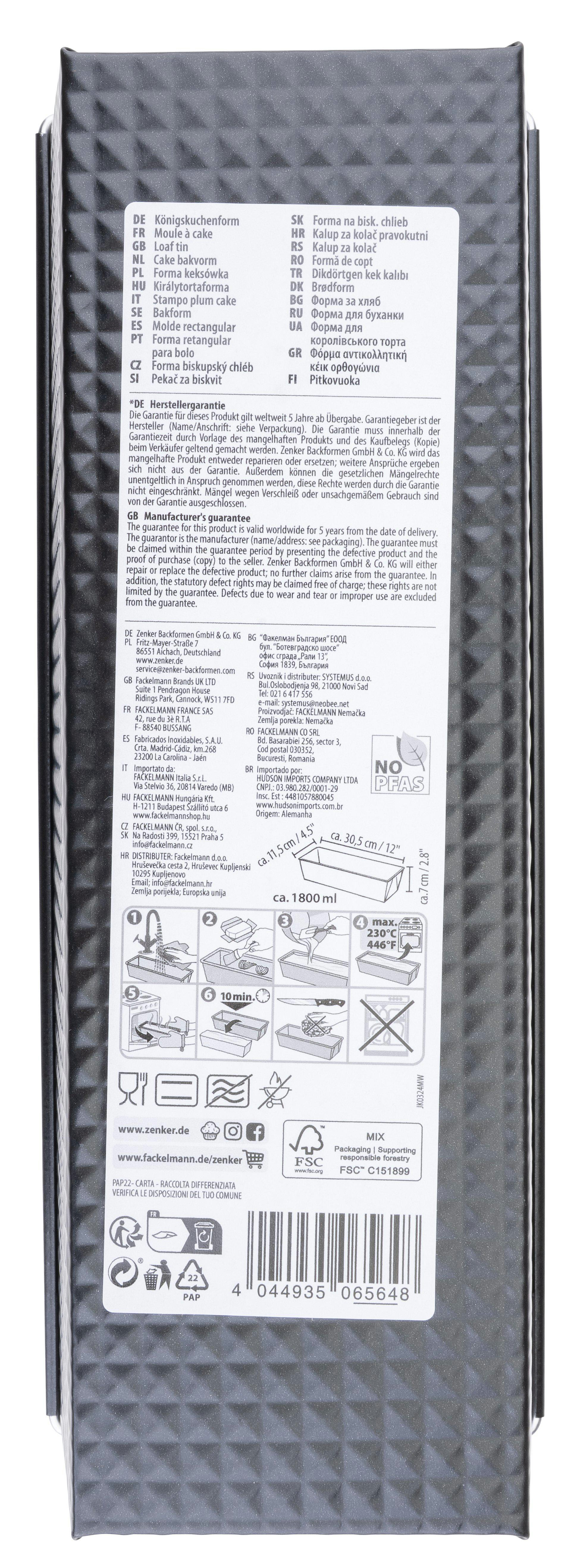 Eine schwarz-weiß Produktverpackung mit Text in mehreren Sprachen, die eine Backform mit Abmessungen zeigt.