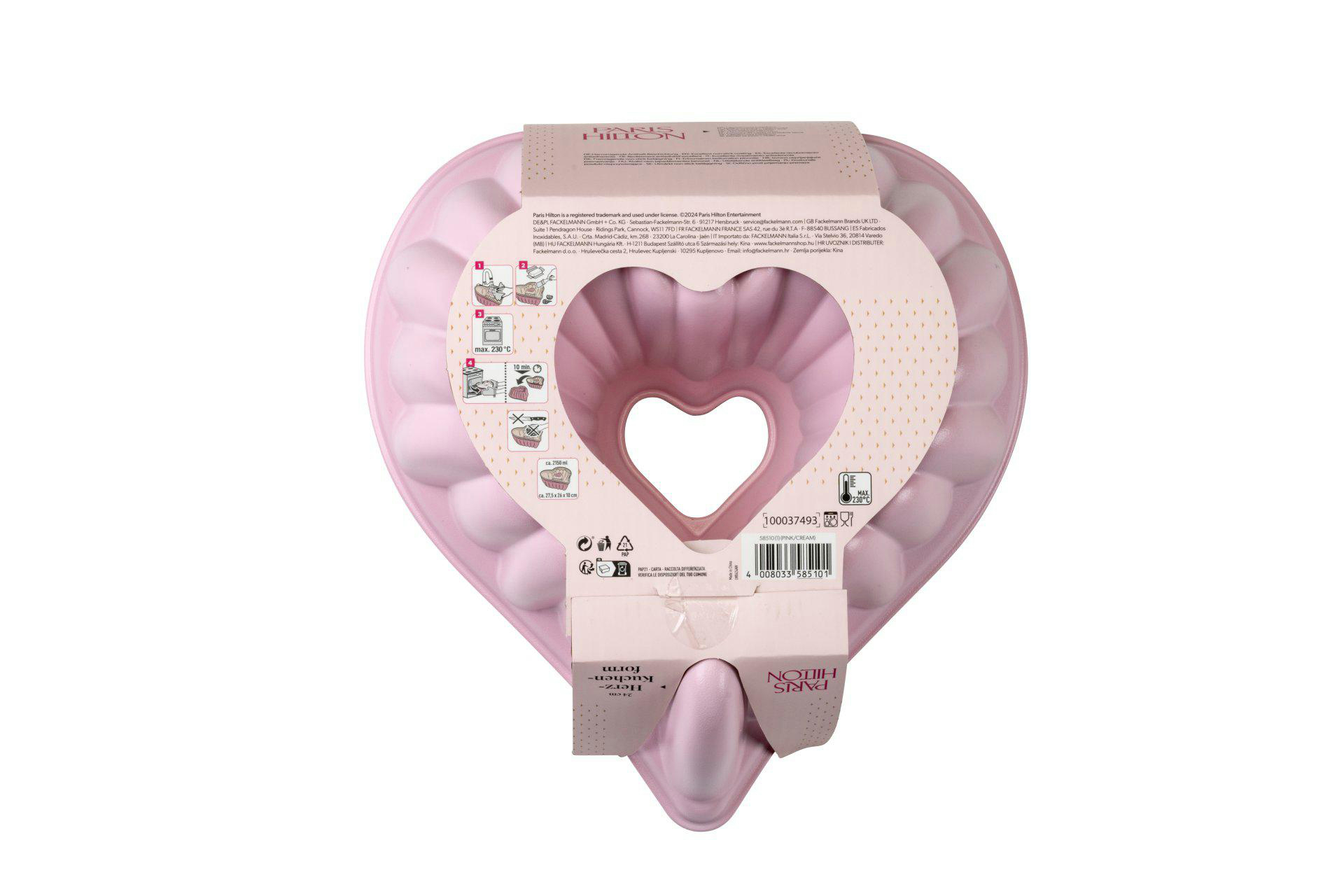 Rosa herzförmige Backform. Anweisungen, Markenname und Produktdetails sind sichtbar.